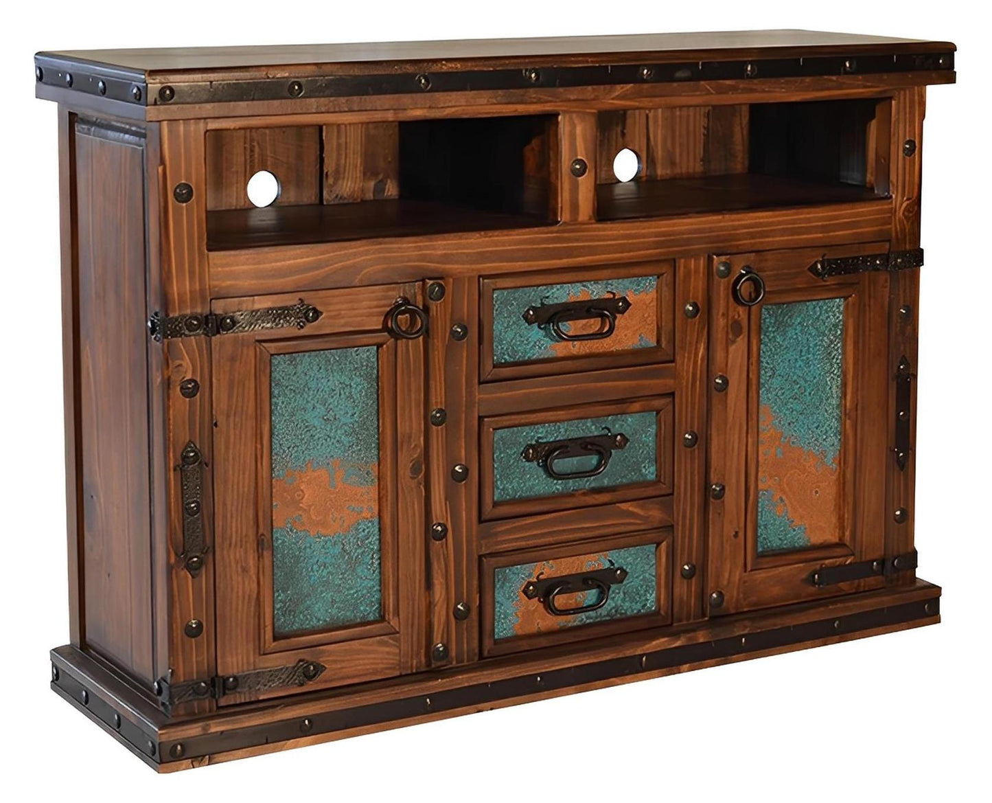 Tierra Turquesa Tv Dresser With Turquoise Copper Doors