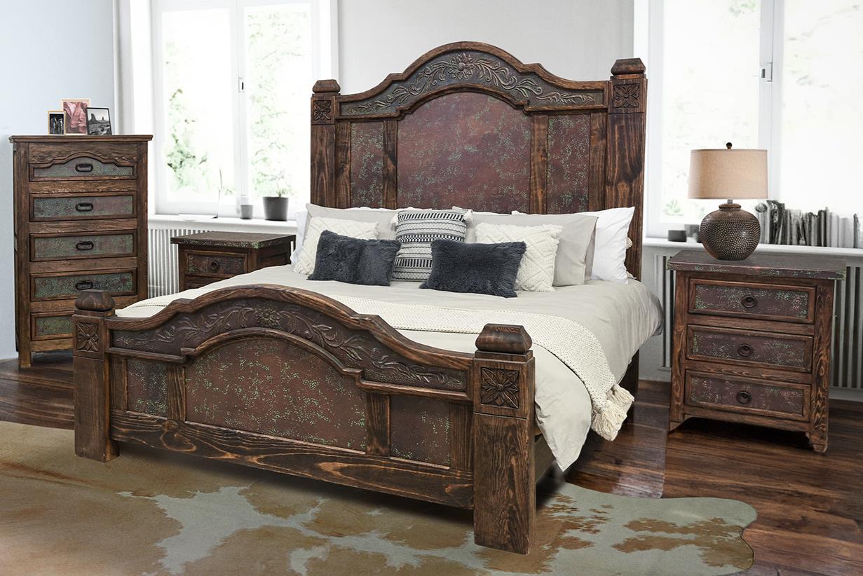 Durango Southwestern Rustic Bedroom Set with Walnut Hand-Carved Wood & Copper Panels - Includes Full Service Delivery