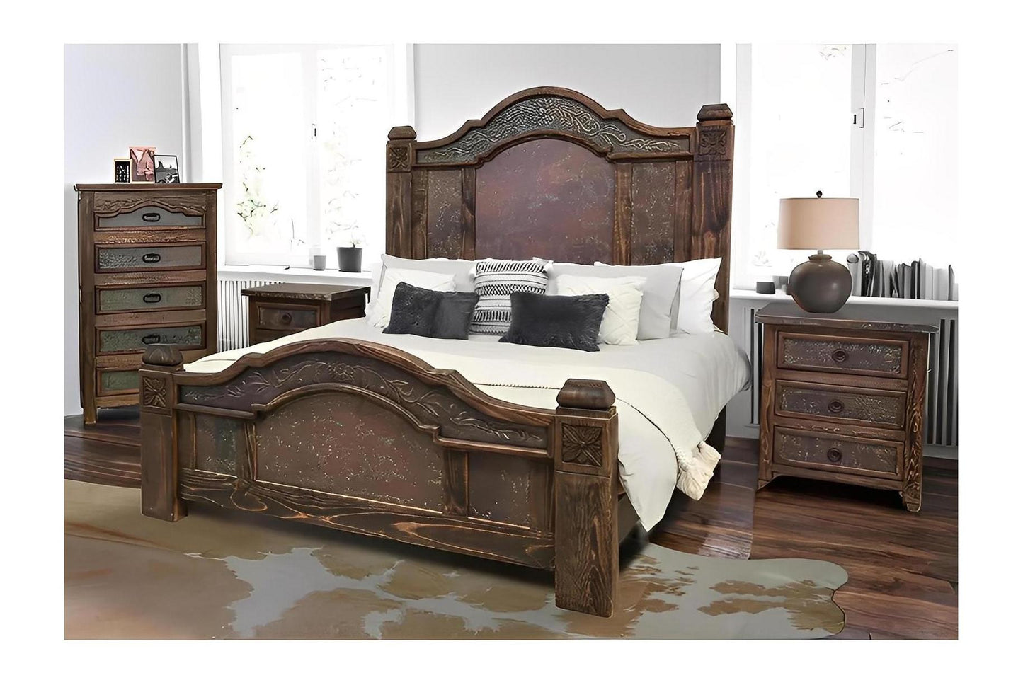 Durango Southwestern Rustic Bed in Walnut Wood Carved Panels & Copper - Includes Full Service Delivery
