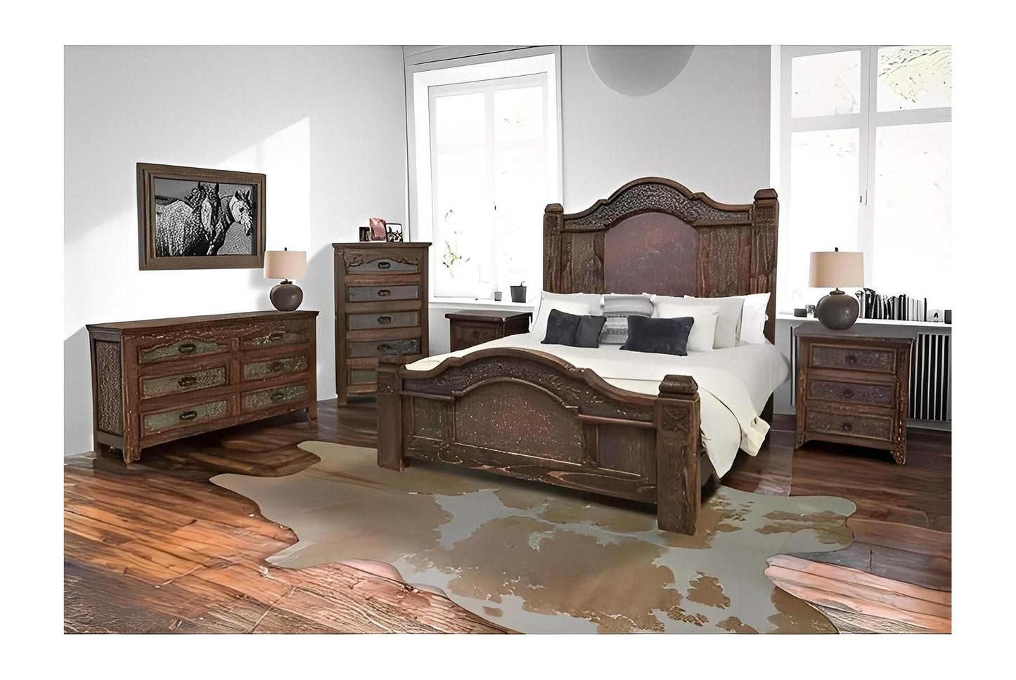 Durango Southwestern Rustic Bed in Walnut Wood Carved Panels & Copper - Includes Full Service Delivery