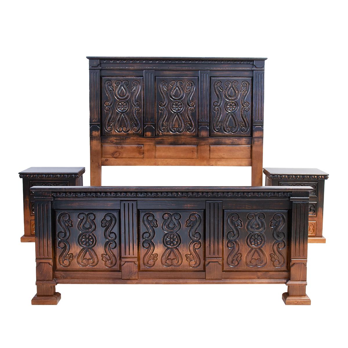 Coyote Canyon Rustic Bed Frame In Dark Carved Wood That Blends to Natural - Optional Nightstands - Includes Full Service Delivery