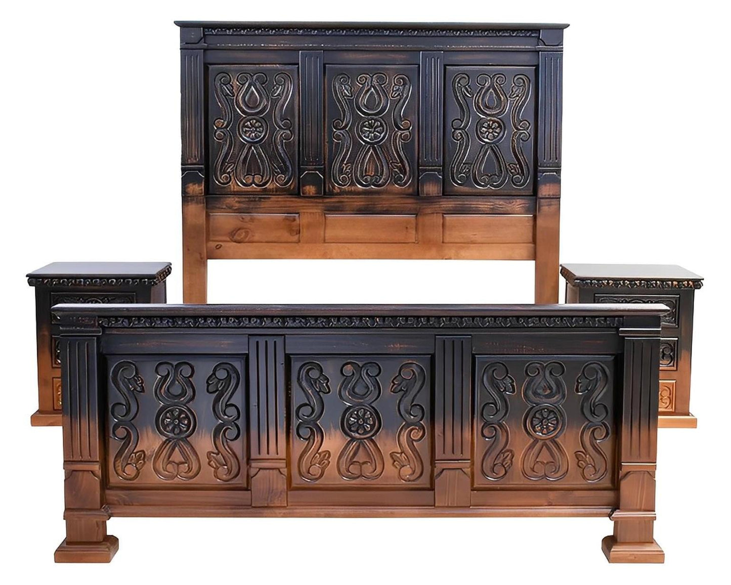 Coyote Canyon Rustic Bed Frame In Dark Carved Wood That Blends to Natural - Optional Nightstands - Includes Full Service Delivery