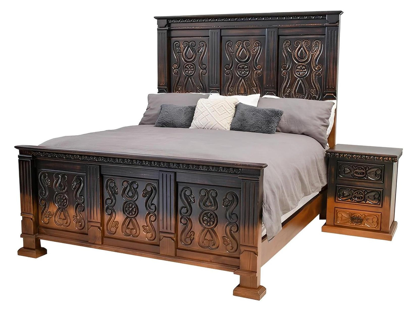 Coyote Canyon Rustic Bed Frame In Dark Carved Wood That Blends to Natural - Optional Nightstands - Includes Full Service Delivery