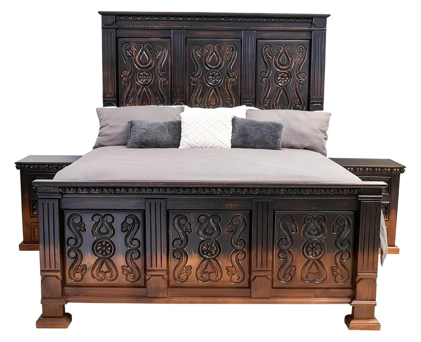 Coyote Canyon Rustic Bed Frame In Dark Carved Wood That Blends to Natural - Optional Nightstands - Includes Full Service Delivery