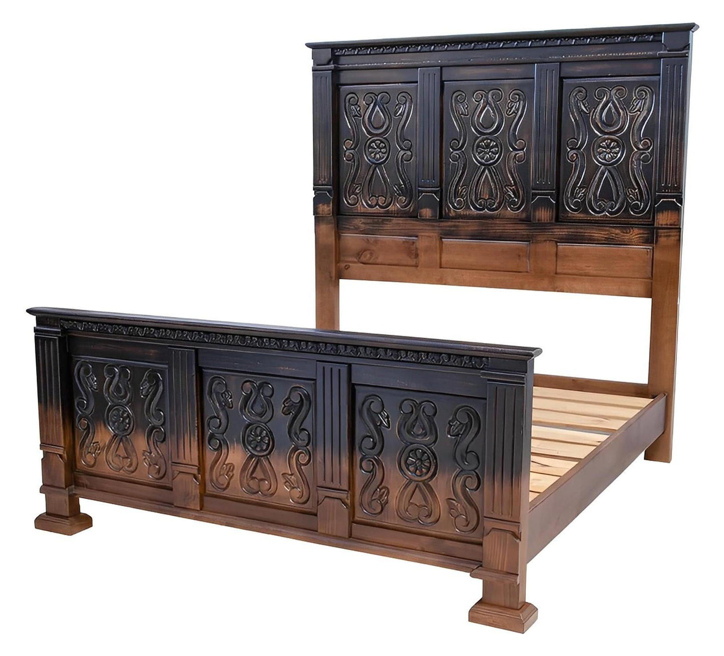 Coyote Canyon Rustic Bed Frame In Dark Carved Wood That Blends to Natural - Optional Nightstands - Includes Full Service Delivery