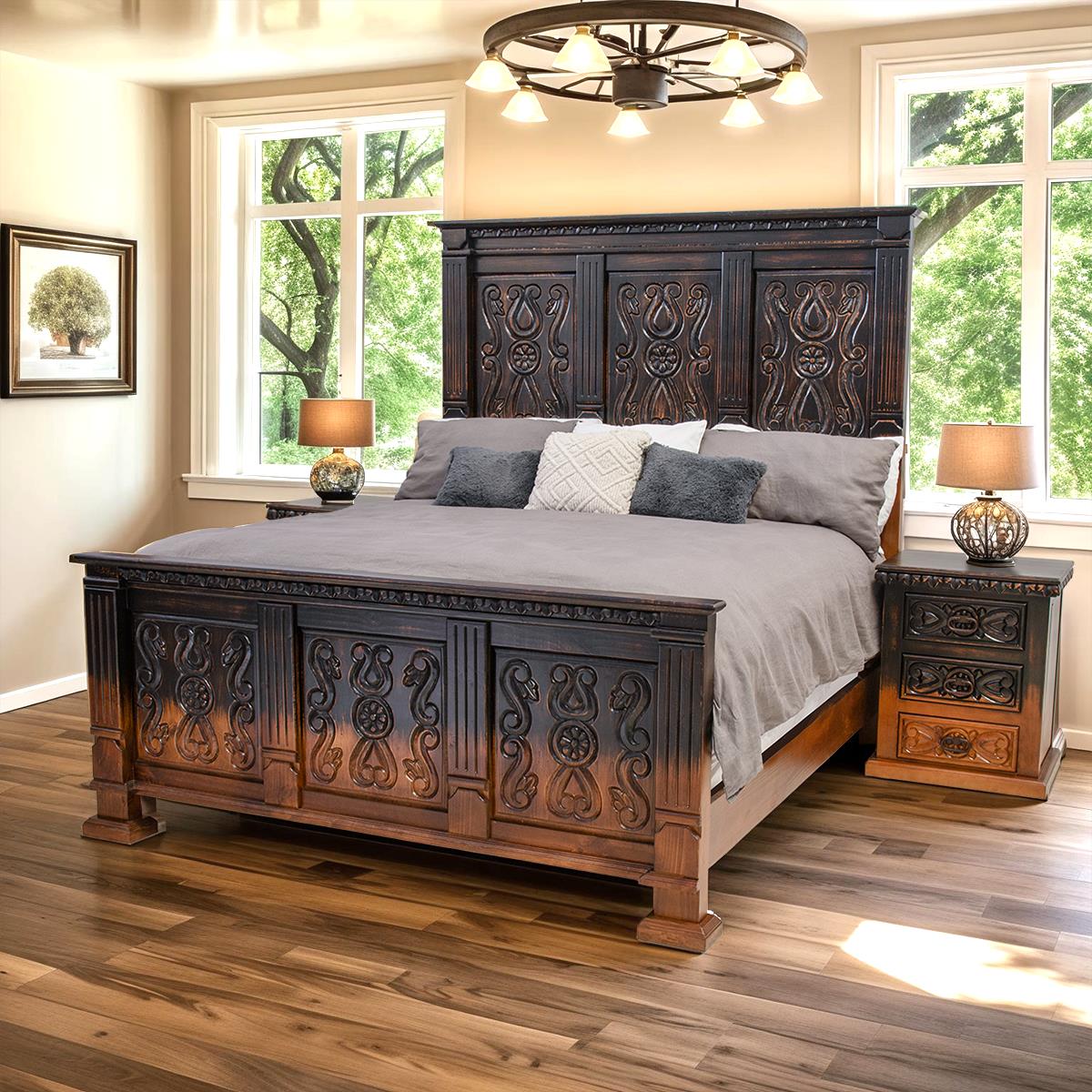 Coyote Canyon Rustic Bed Frame In Dark Carved Wood That Blends to Natural - Optional Nightstands - Includes Full Service Delivery