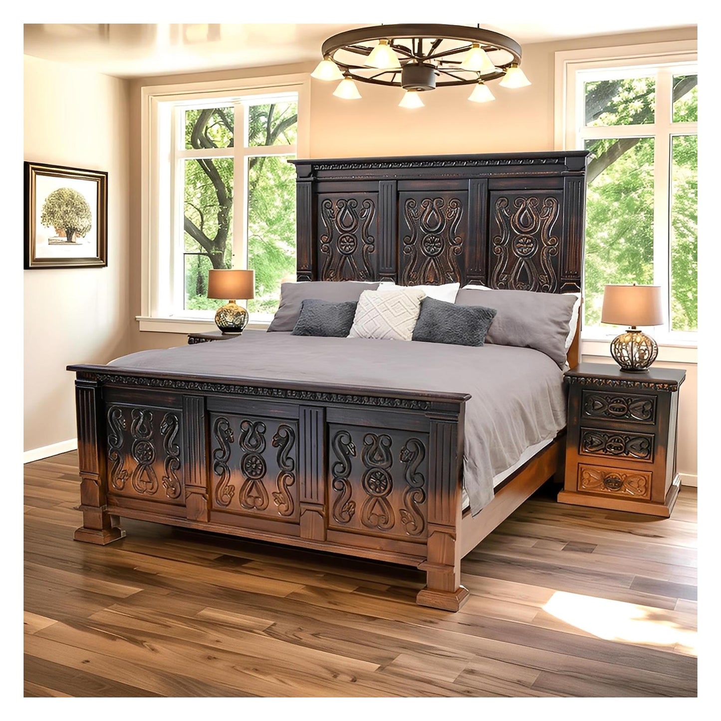 Coyote Canyon Rustic Bed Frame In Dark Carved Wood That Blends to Natural - Optional Nightstands - Includes Full Service Delivery