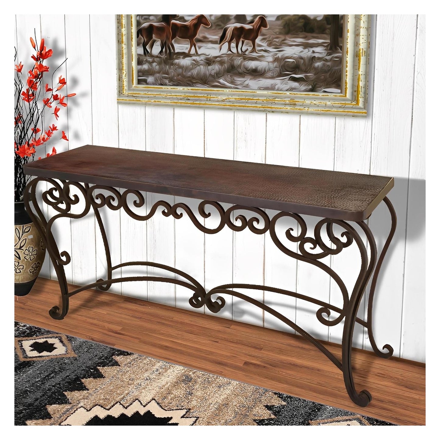 Gold Basin 60" Brown Copper Top Console With Iron Base