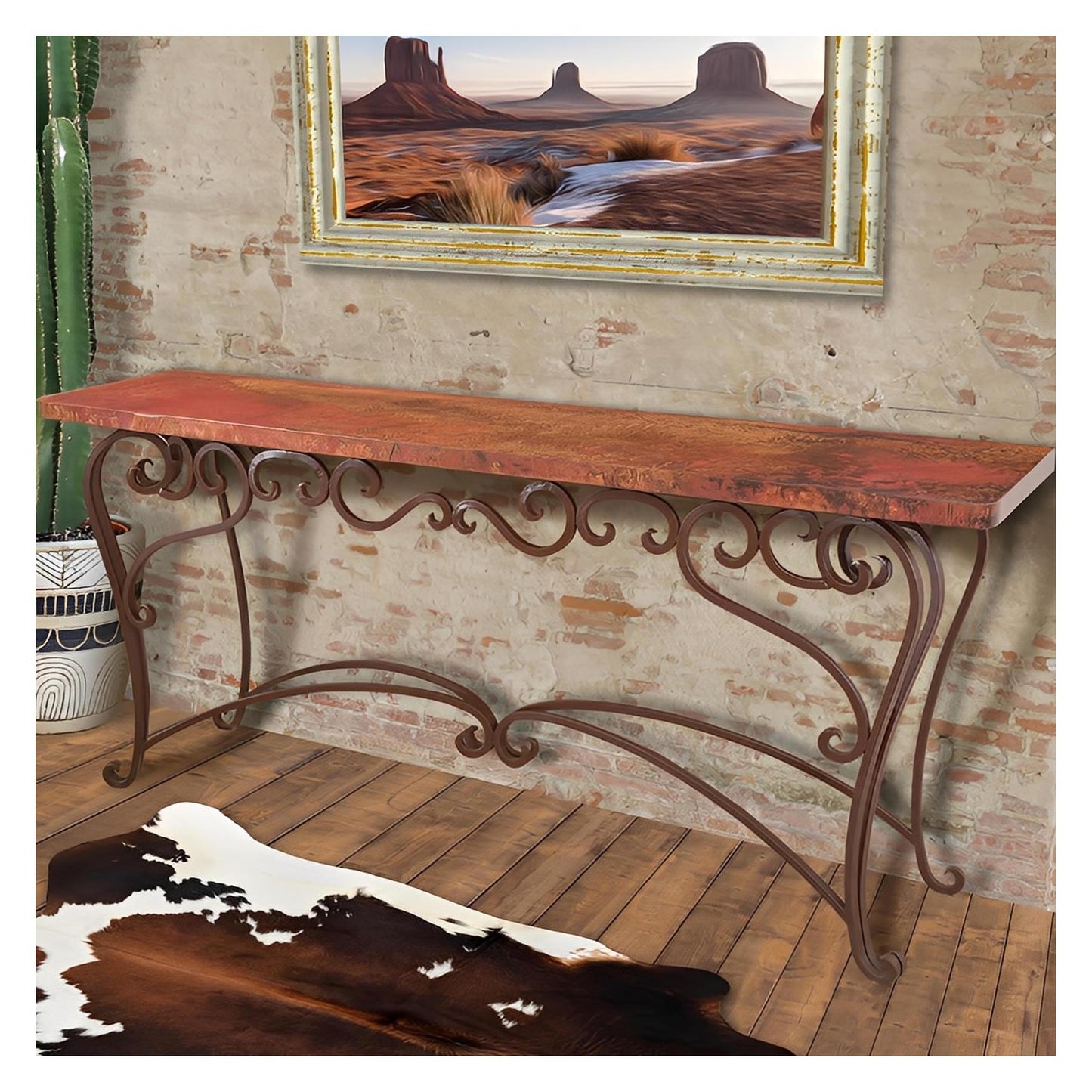 White Basin 60" Natural Copper Top Console With Iron Base