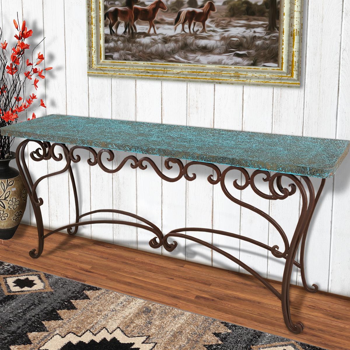 Red Basin 60" Turquoise Copper Top Console With Iron Base