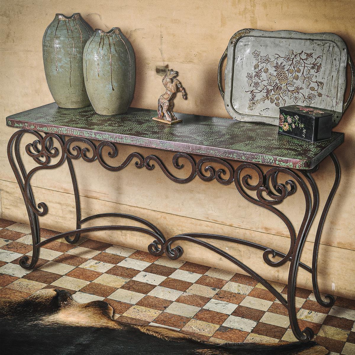 Stone Basin 60" Verdigris Copper Top Console With Iron Base
