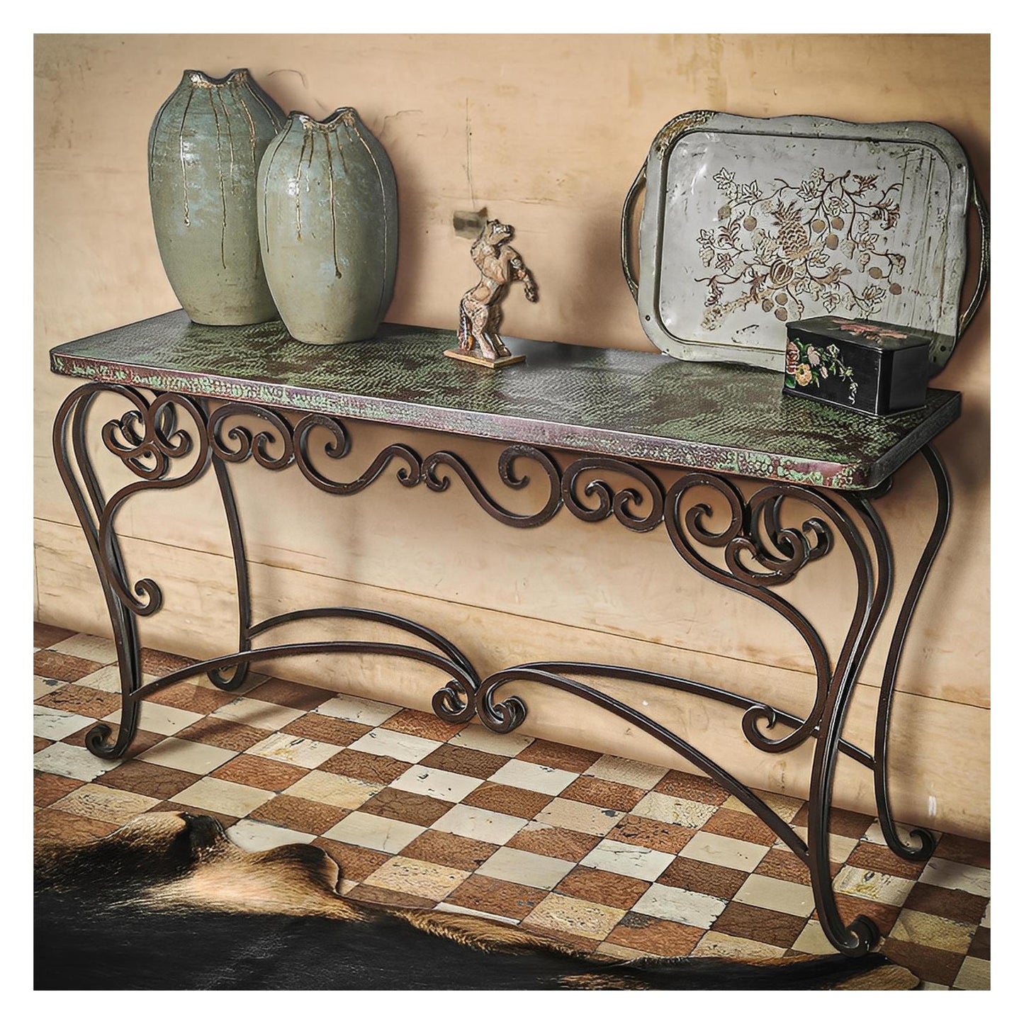 Stone Basin 60" Verdigris Copper Top Console With Iron Base