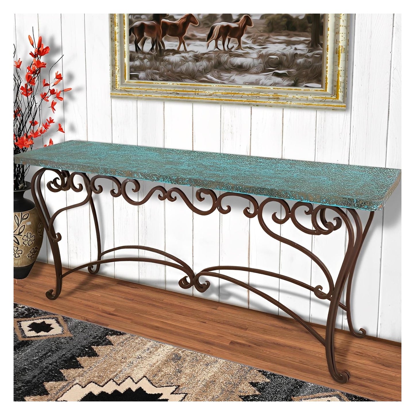Fort Davis Basin 72" Turquoise Copper Top Console With Iron Base
