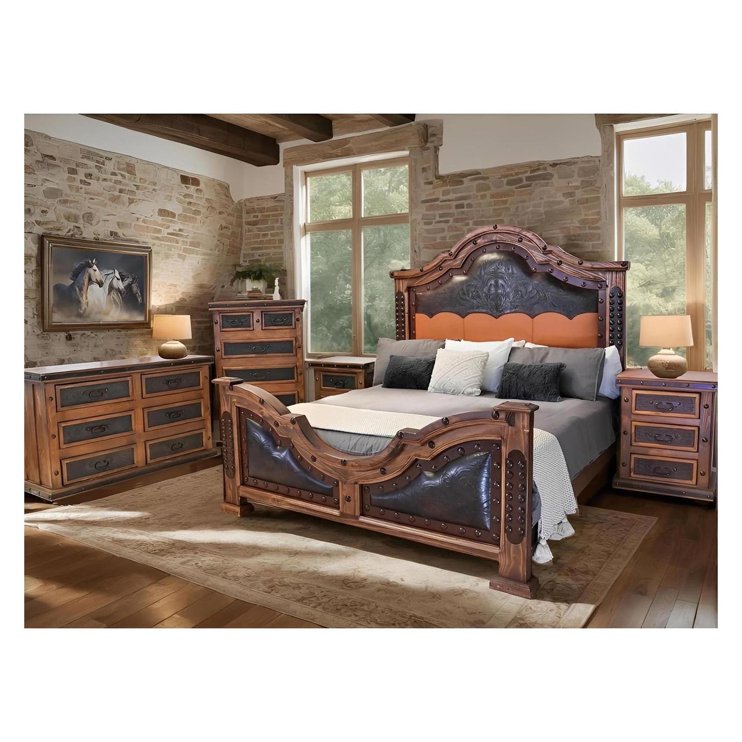 Canyon Charm II Western Bedroom Set with Hand-Tooled Leather - Includes Full Service Delivery