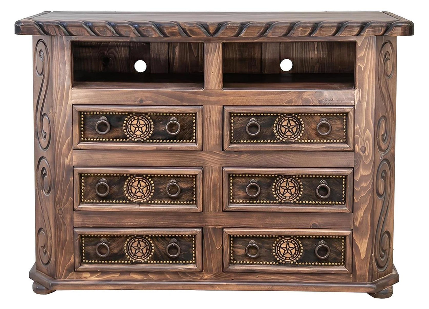 Hill Country 6 Drawer TV Dresser With Cowhide, Star, Rope