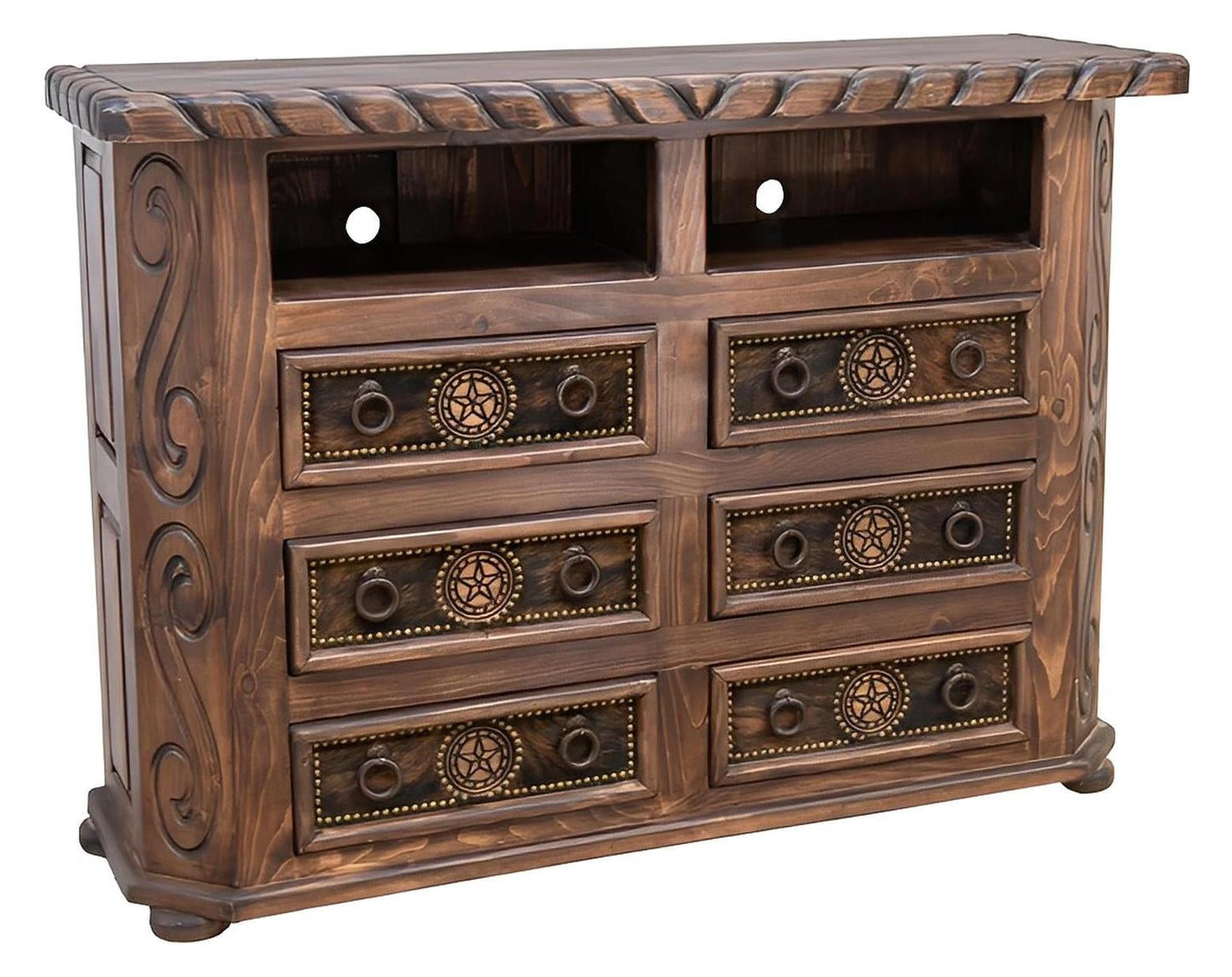 Hill Country 6 Drawer TV Dresser With Cowhide, Star, Rope