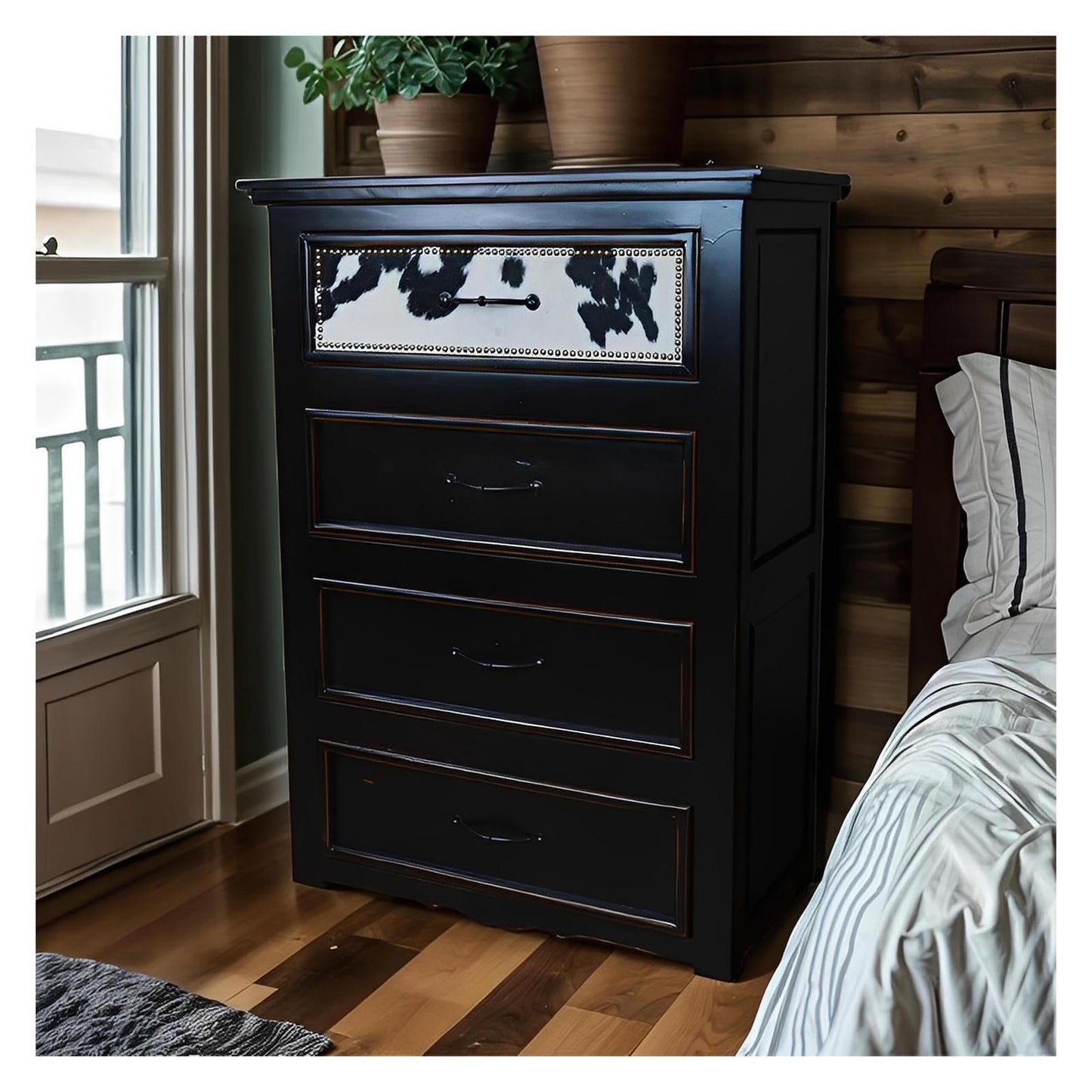 Pioneer Trail Western Bedroom Set with Black and White Cowhide - 4-Piece - Includes Full Service Delivery