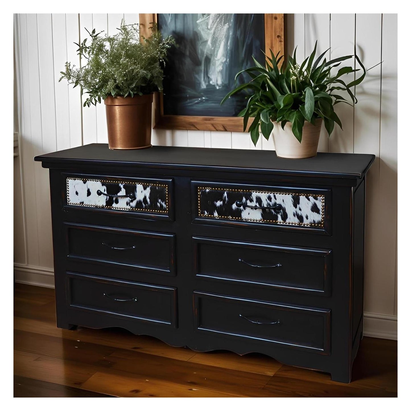 Pioneer Trail Western Bedroom Set with Black and White Cowhide - 4-Piece - Includes Full Service Delivery