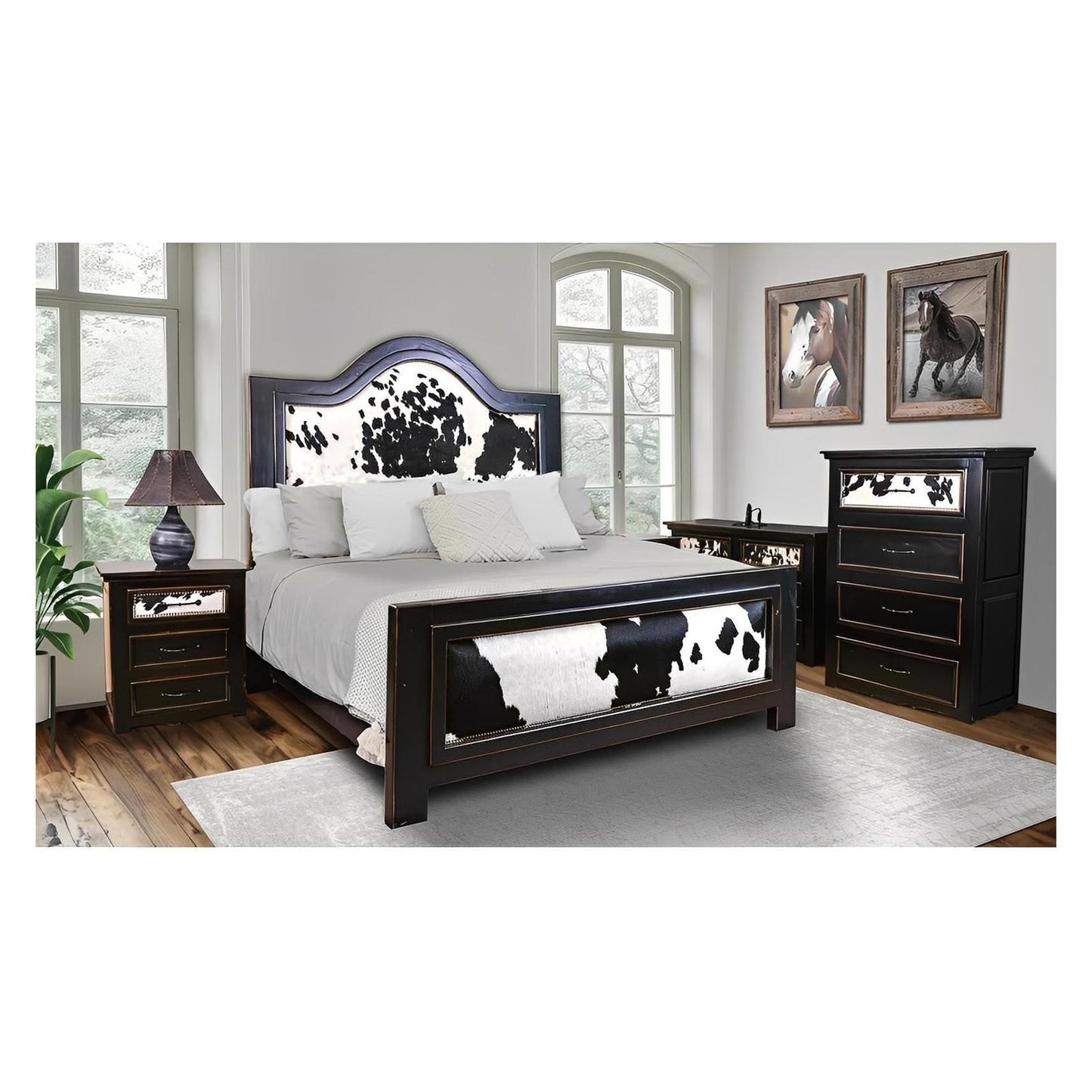 Pioneer Trail Western Bedroom Set with Black and White Cowhide - 4-Piece - Includes Full Service Delivery