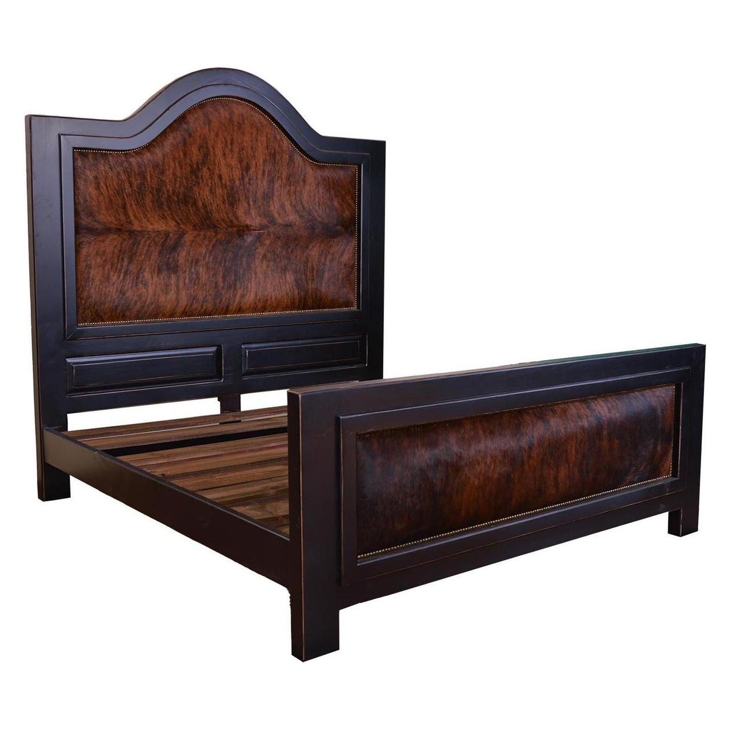 Ridge Creek Rustic Bed with Brindle Cowhide Inlays – Tall Headboard - Nailhead Trim – Western Solid Wood Bed Frame (Bed Only) | Delivery & Assembly are Included