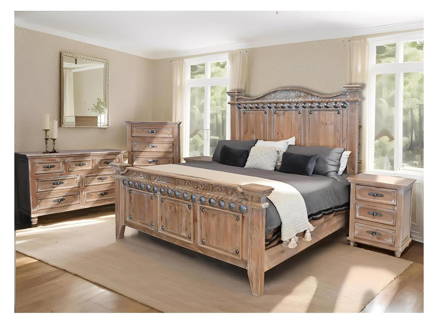 Sierra Mesa Rustic Oak Bed With Hand-Carved Headboard, Chic - Includes Full Service Delivery