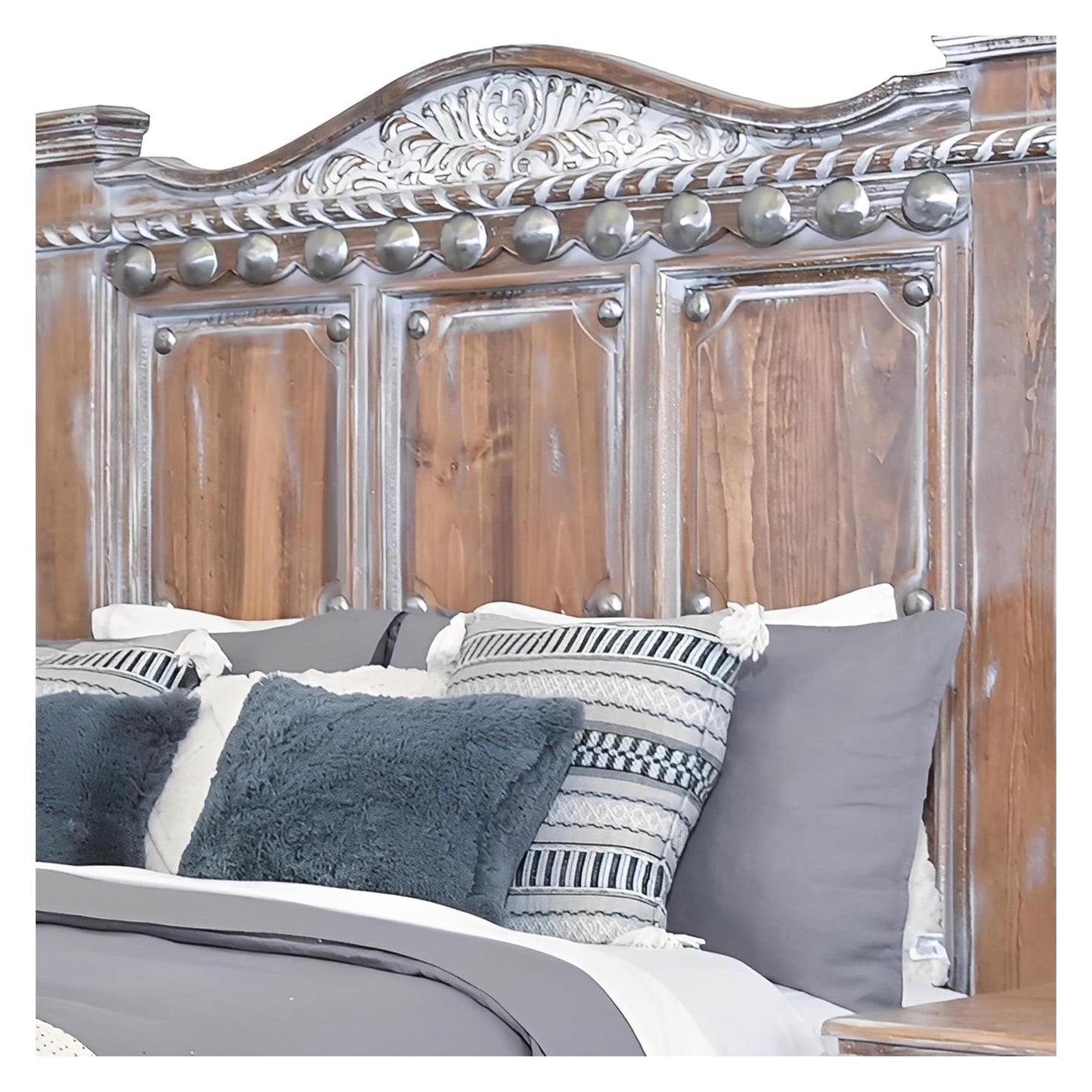Sierra Mesa Rustic Oak Bed With Hand-Carved Headboard, Chic - Includes Full Service Delivery