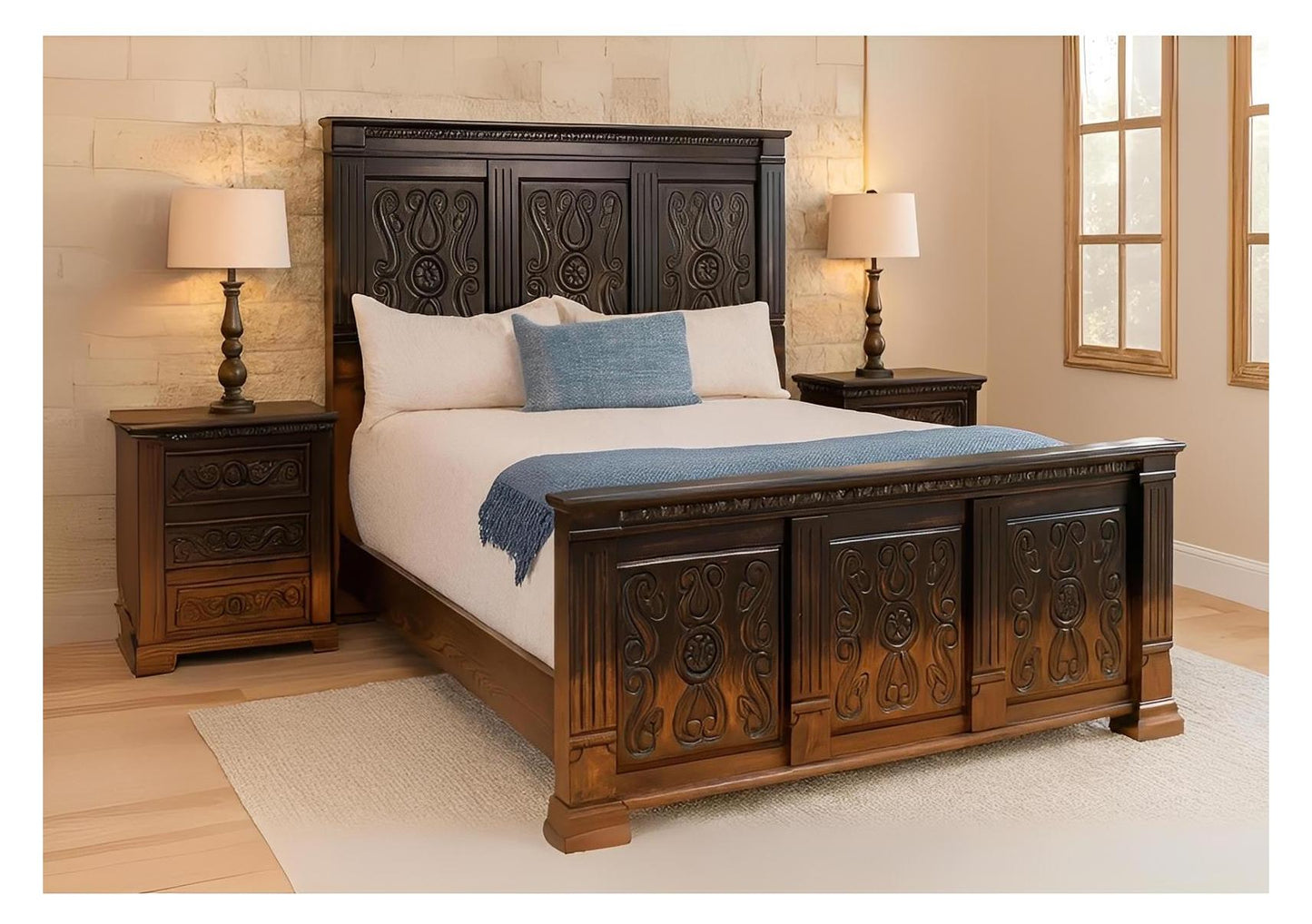 Coyote Canyon Rustic Bed Frame In Dark Carved Wood That Blends to Natural - Optional Nightstands - Includes Full Service Delivery