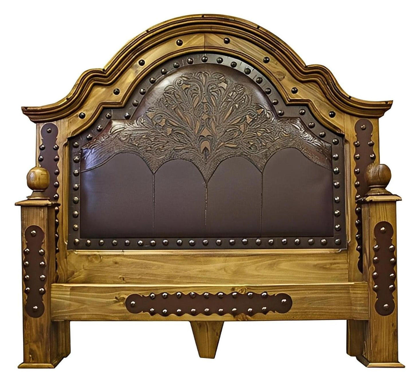 Canyon Spur Rustic Honey Oak Wood Bed With Leather & Studded Posts - Includes Full Service Delivery