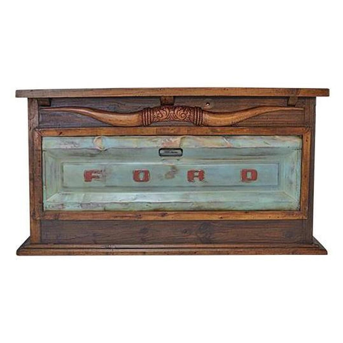 Motor City Wooden Home Bar with Hand-Carved Bull Horns and Built-in Ford Truck Tailgate 76"x24"x42", Rustic, Western