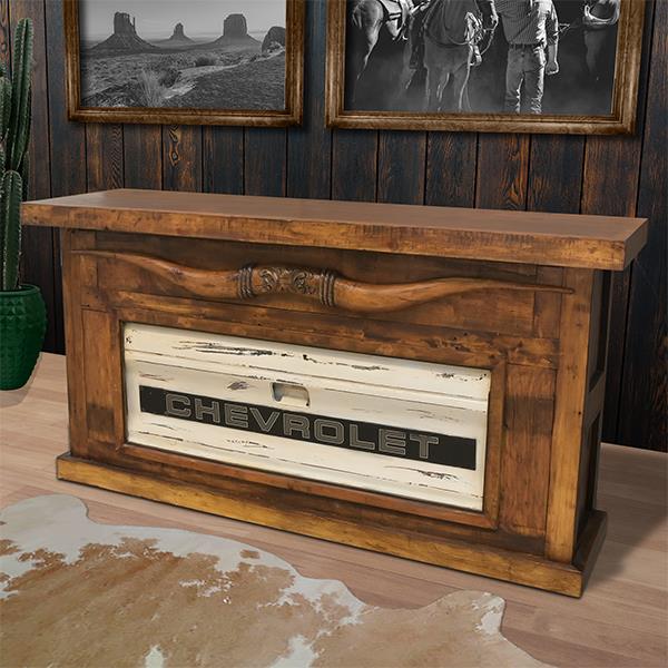 Motor City Wooden Home Bar with Carved Bull Horns and Built-in Chevy Truck Tailgate 76"x24"x42", Rustic, Western