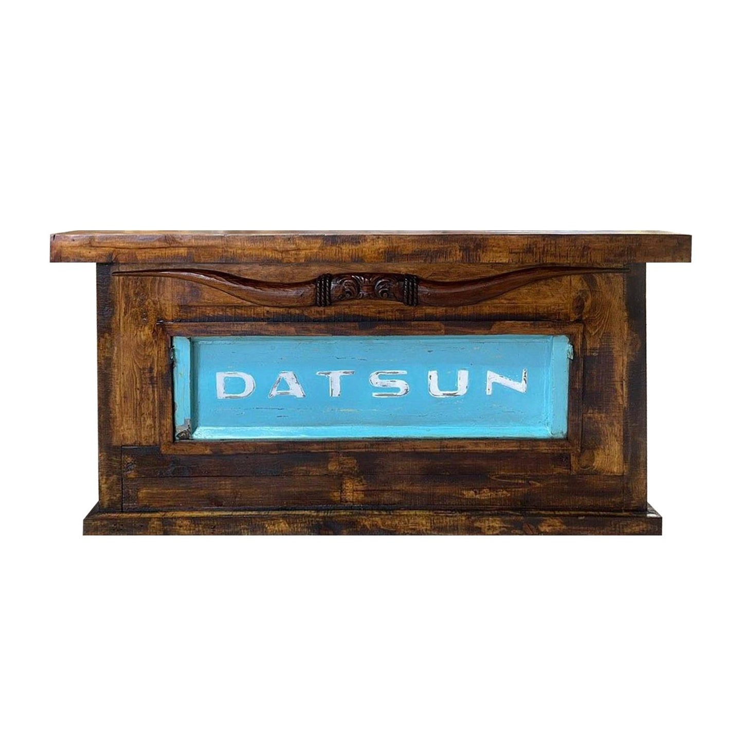 Wooden Bar with Carved Bull Horns and Built-in Datsun Truck Tailgate 76"x24"x42", Rustic, Western