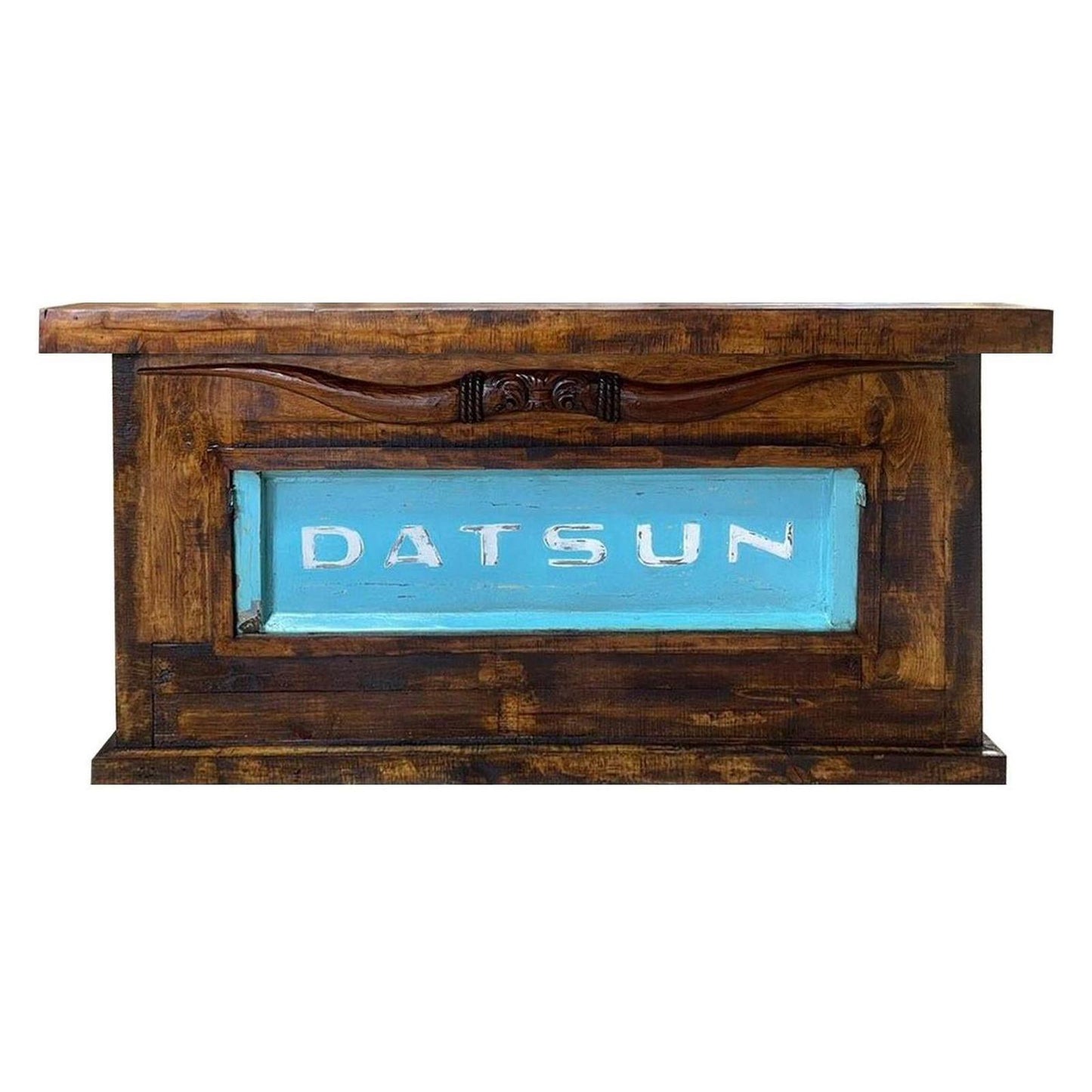 Wooden Bar with Carved Bull Horns and Built-in Datsun Truck Tailgate 76"x24"x42", Rustic, Western