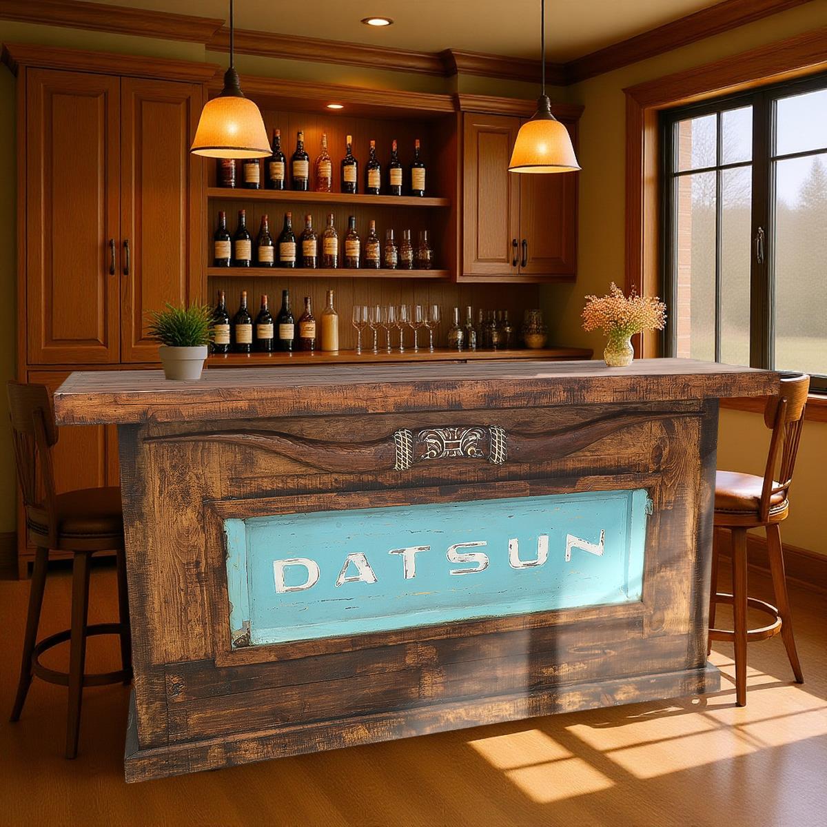 Wooden Bar with Carved Bull Horns and Built-in Datsun Truck Tailgate 76"x24"x42", Rustic, Western