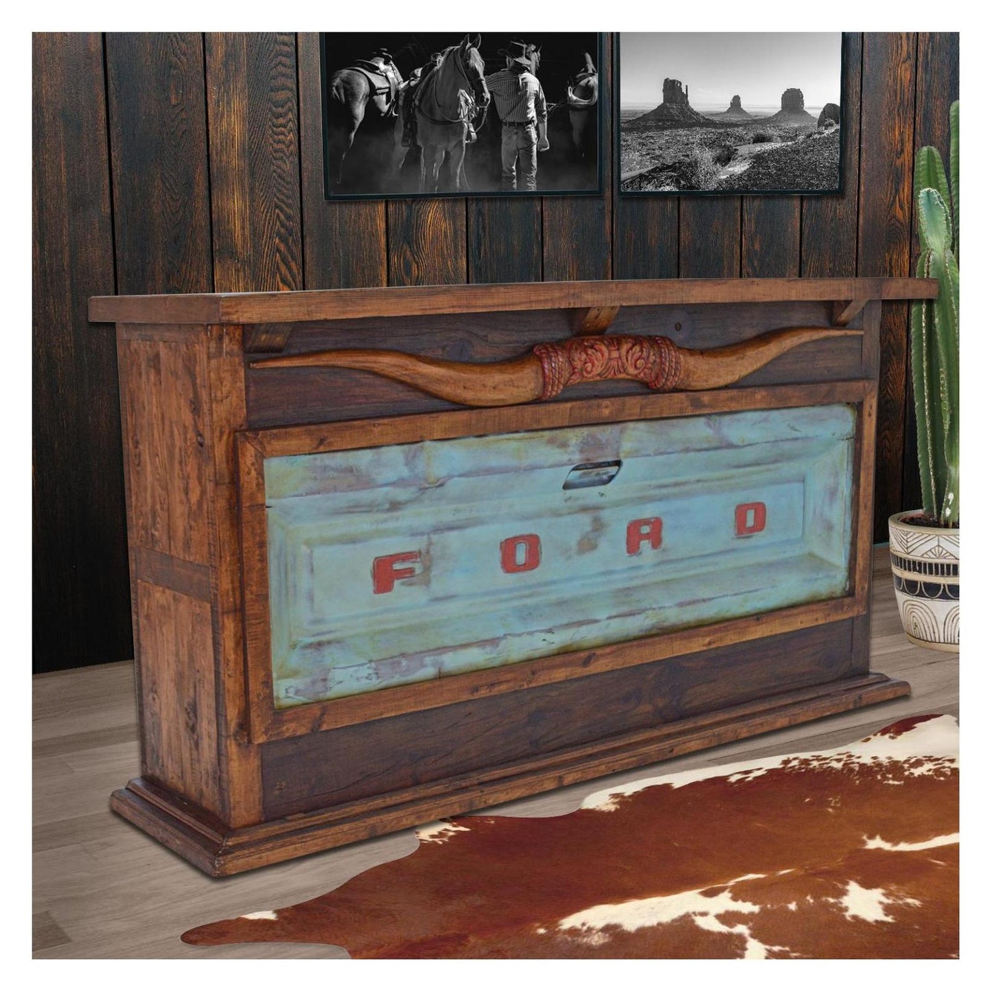 Motor City Wooden Home Bar with Hand-Carved Bull Horns and Built-in Ford Truck Tailgate 76"x24"x42", Rustic, Western