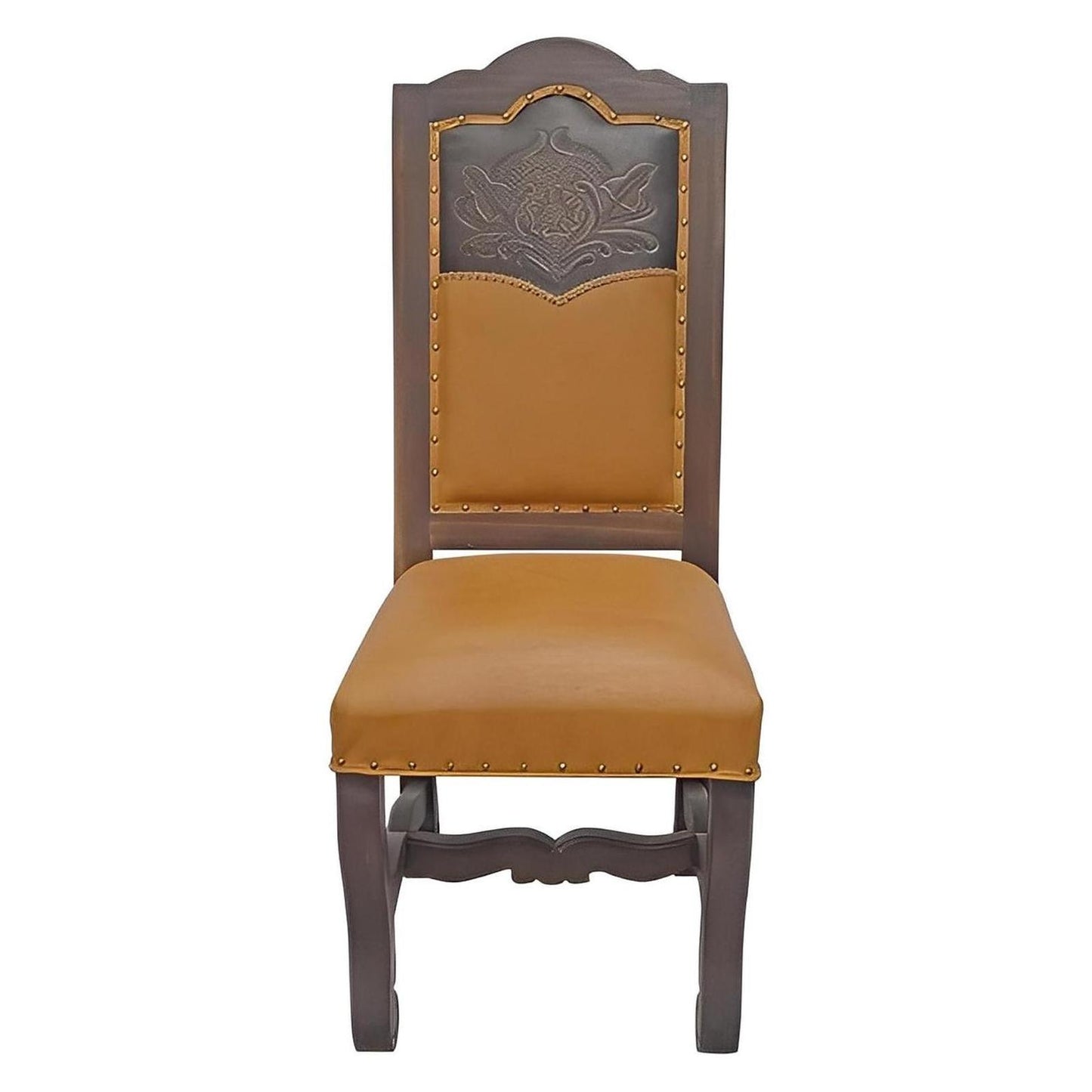 Tooled Leather Back Dining Chair with Hand-Carved Wood (2-Pack)