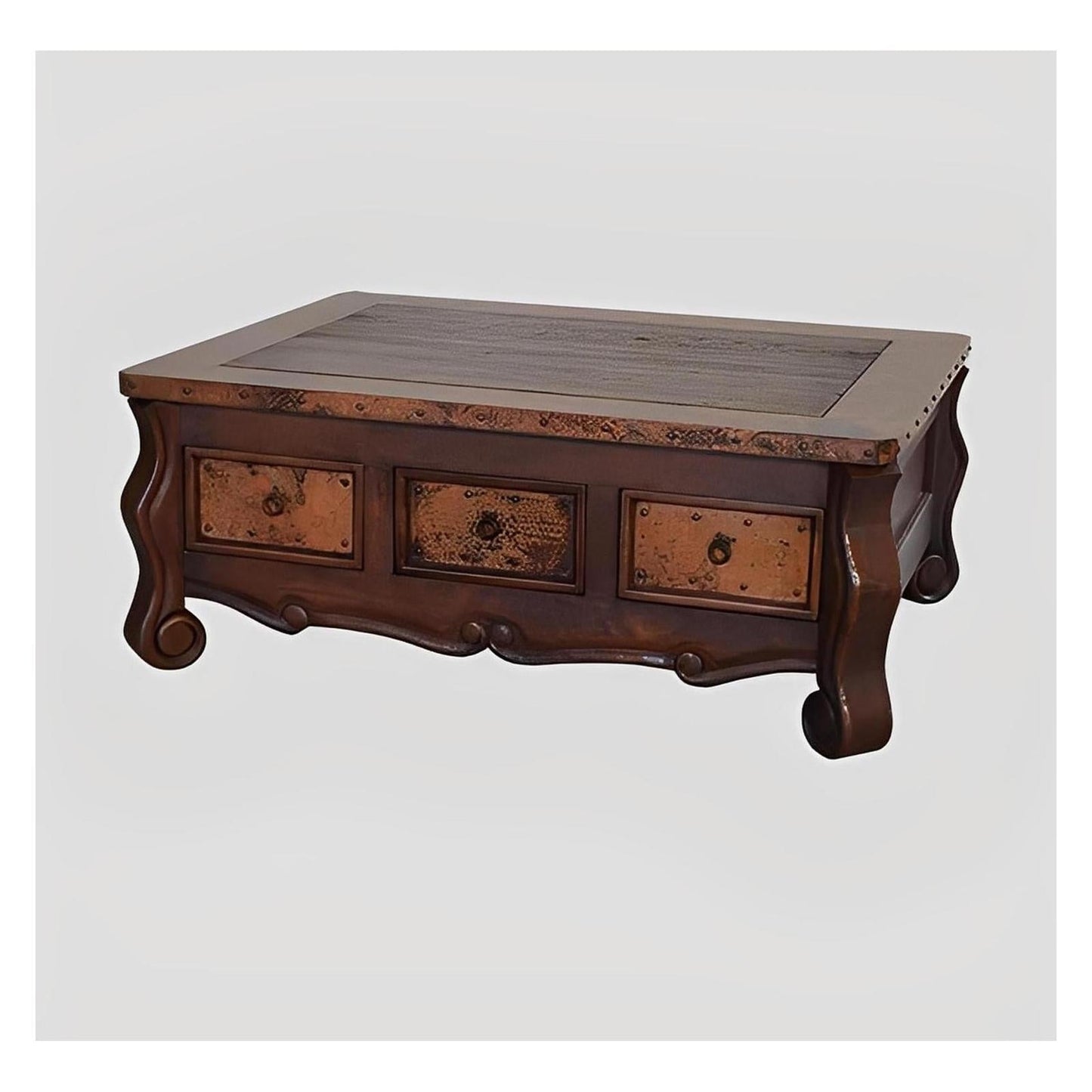 Colonial Elegance Wooden Coffee Table with Copper Trim & Storage | 23 x 37 x 53