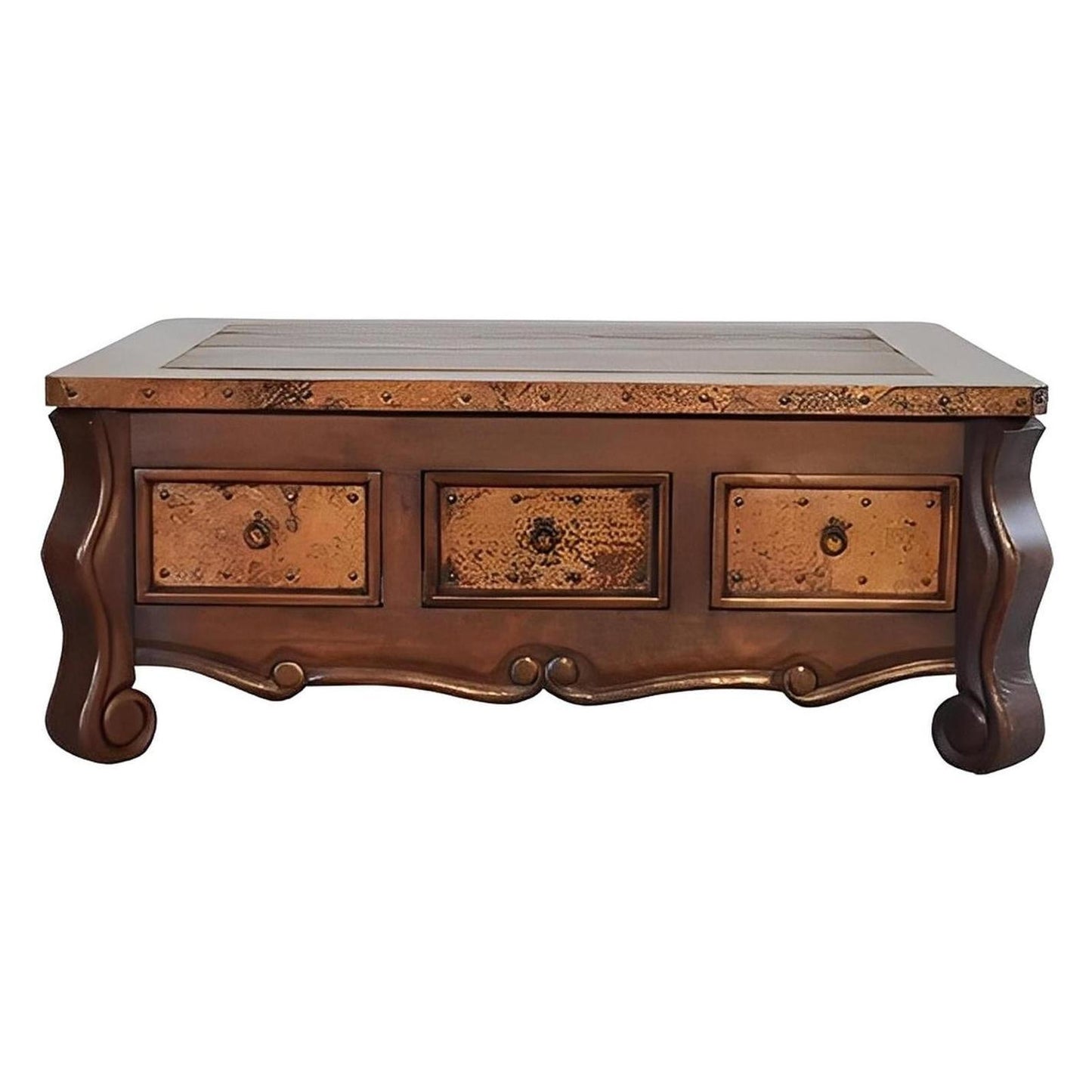 Colonial Elegance Wooden Coffee Table with Copper Trim & Storage | 23 x 37 x 53