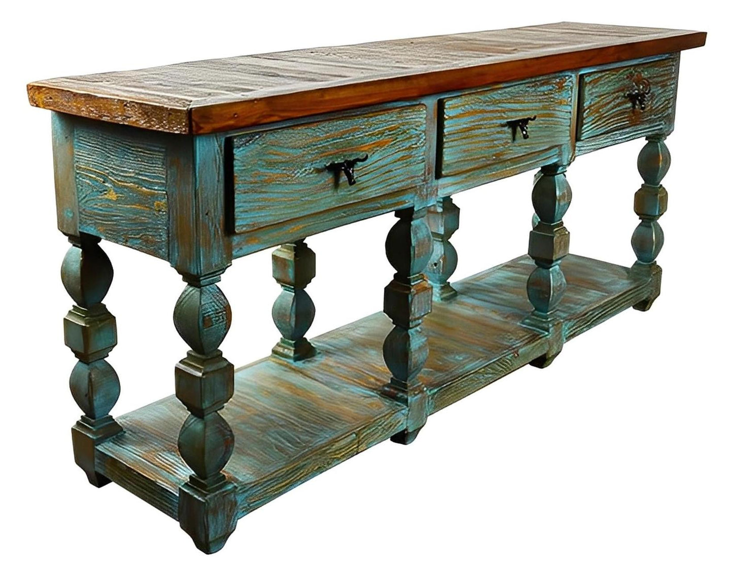 Wagon Hill Turquoise Painted Three Drawer Sofa Console