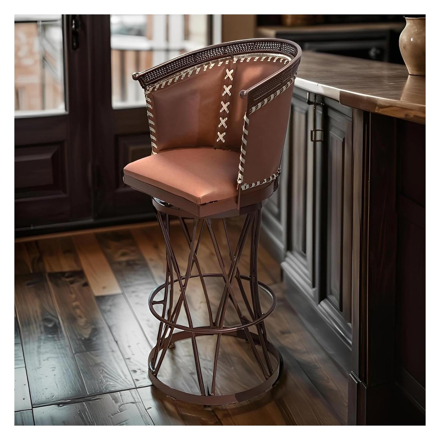 Brown Leather Swivel Barstool | Handcrafted with an Iron Base (2 or 3 Pack) | 30"