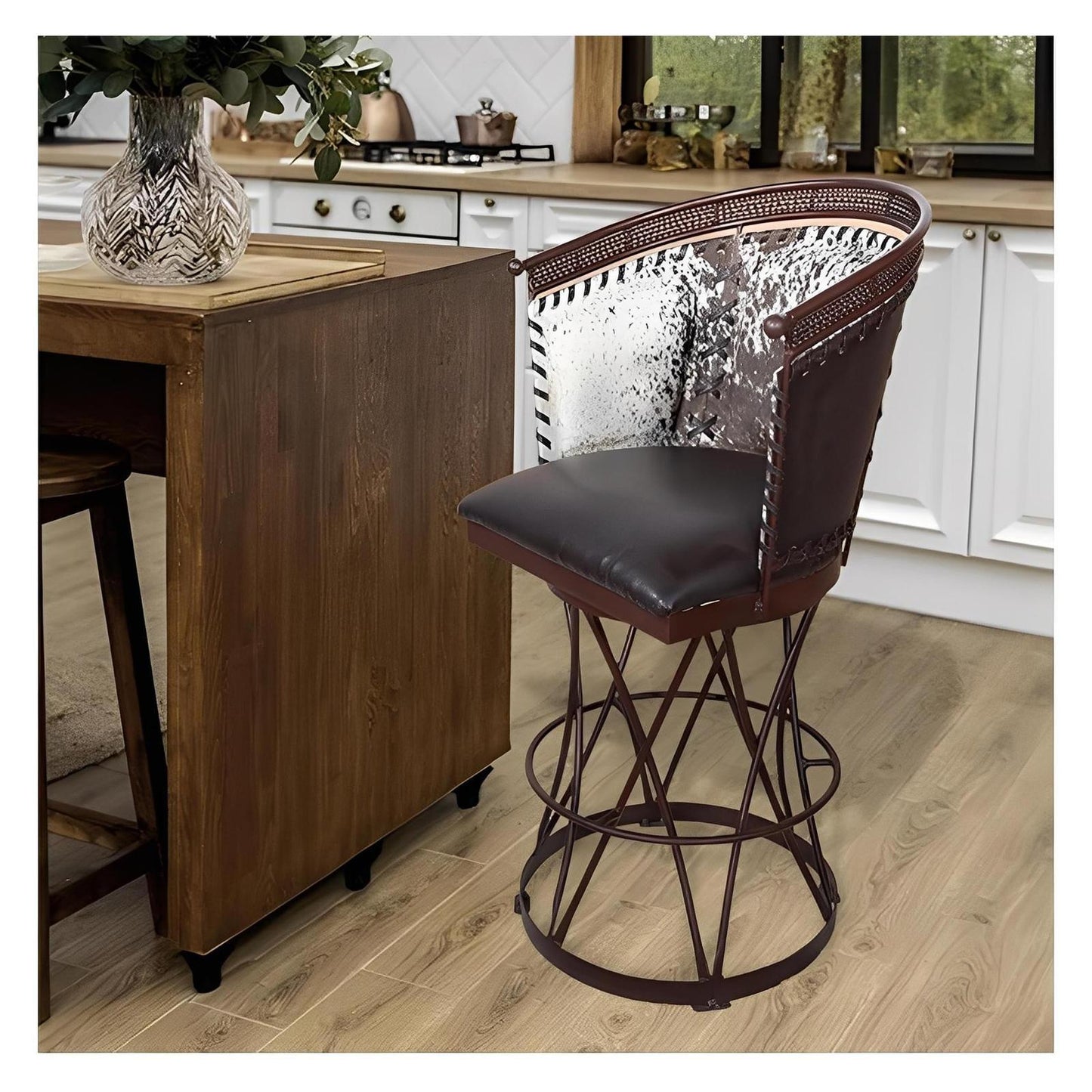 Cowhide & Leather Barrel Back Swivel Barstool w/ Solid Steel Construction (2 or 3 Pack) 28"