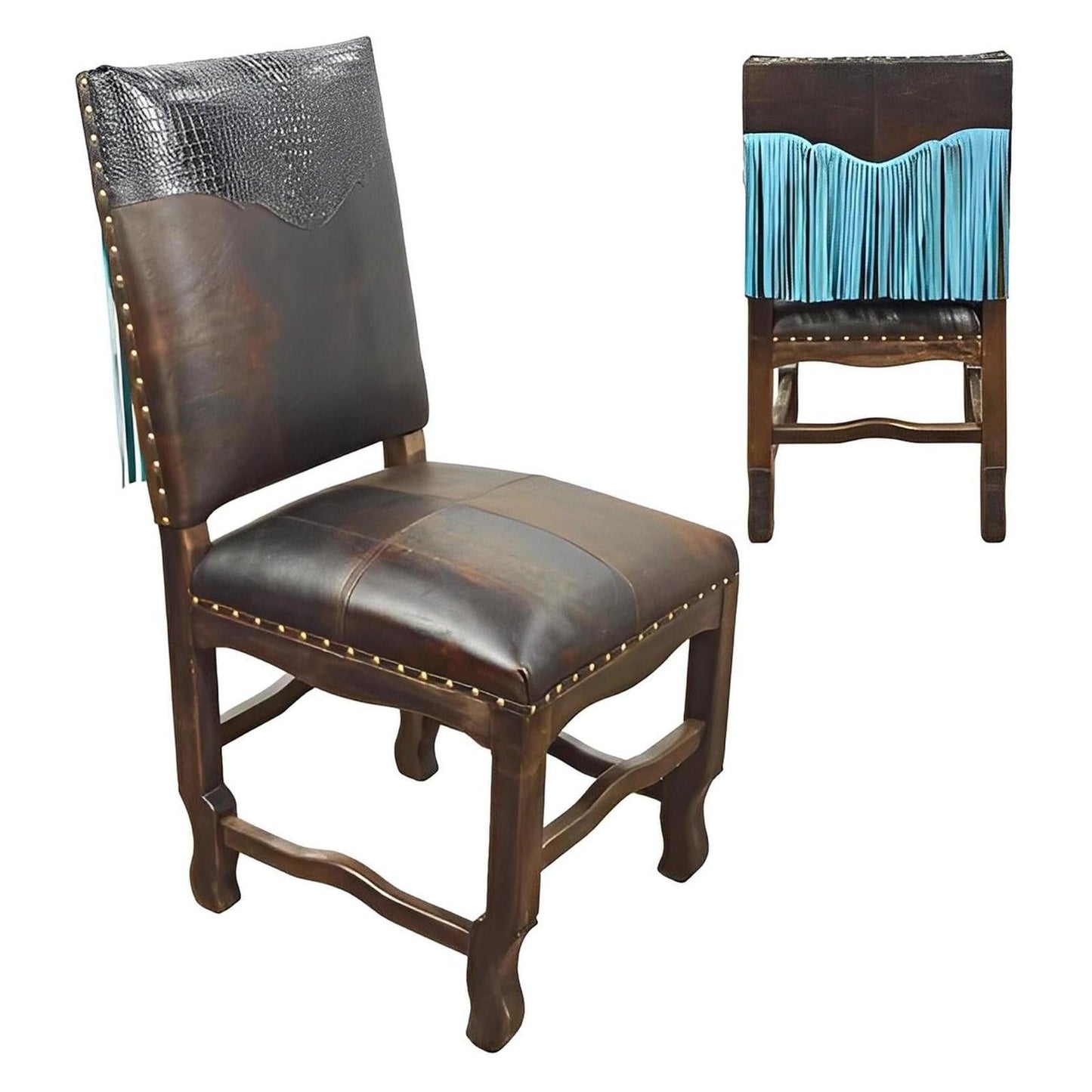 Faux Gator Genuine Leather Dining Chair with Turquoise Fringe (2-Pack)
