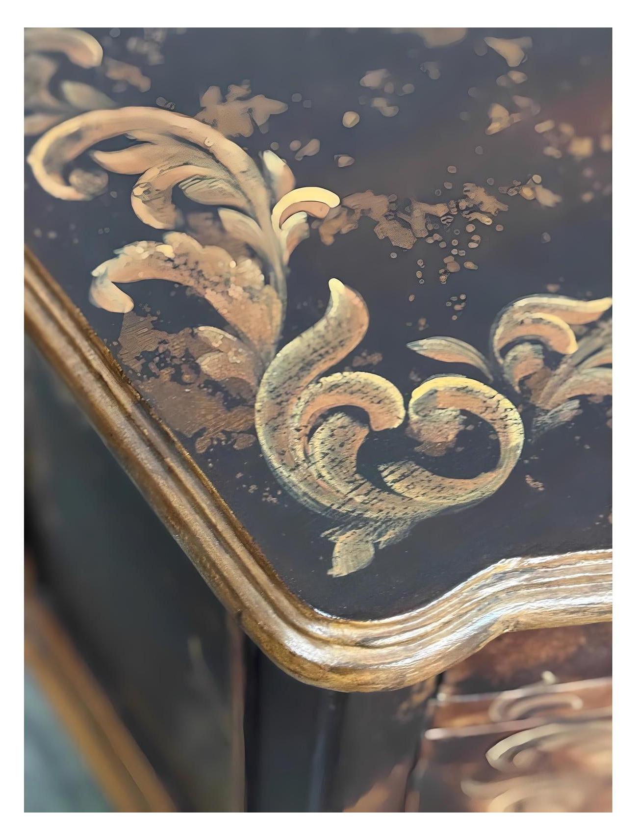 Chaumont-sur-Loire Nightstands (2-Pack), Black With Antique Gold Accents, Distressed Floral Scroll Finish