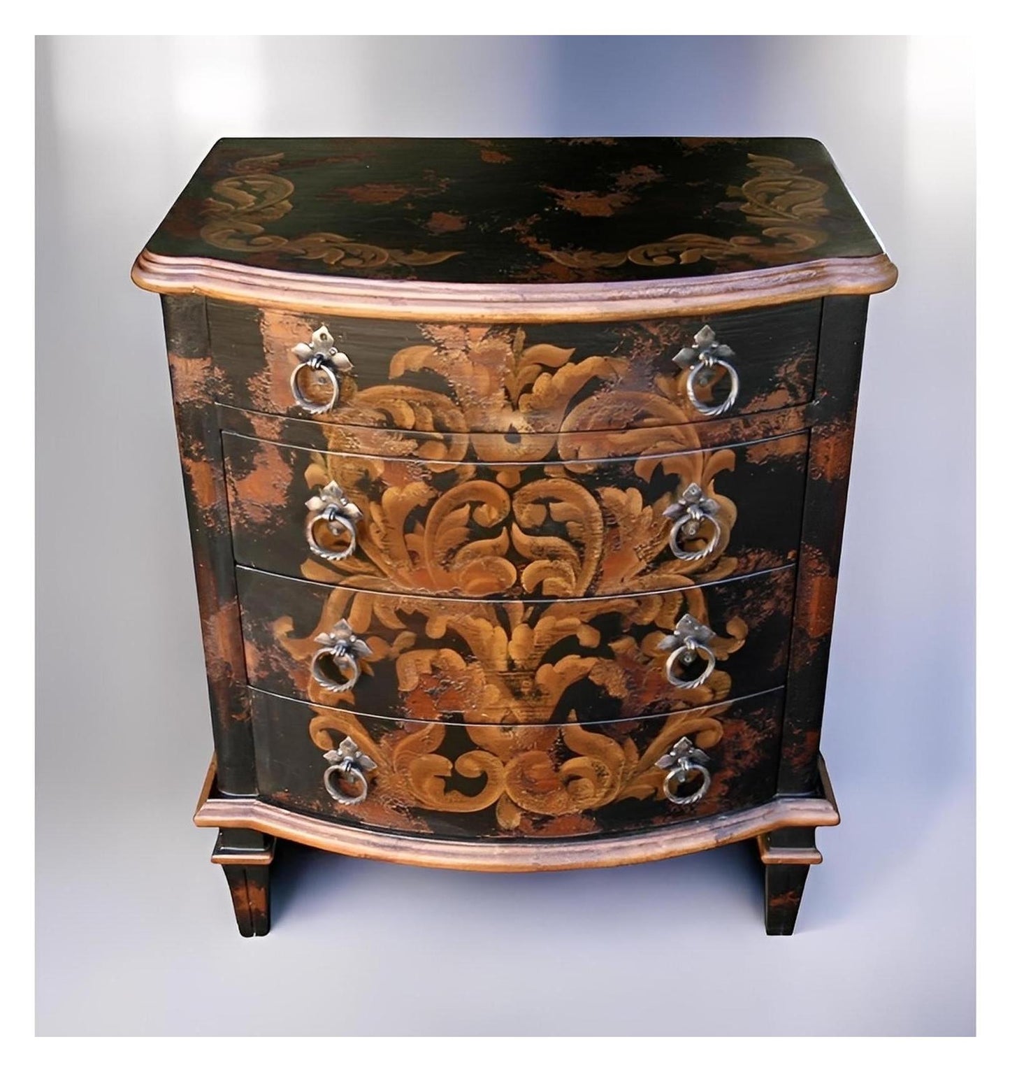 Conques Nightstands (2-Pack), Black, Hand Painted Ornate Antique Gold Floral Finish