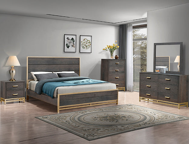 Trevor Bedroom Furniture Set; includes: Headboard, Footboard, Rails, Dresser & Mirror, Night Stand, Chest of Drawers