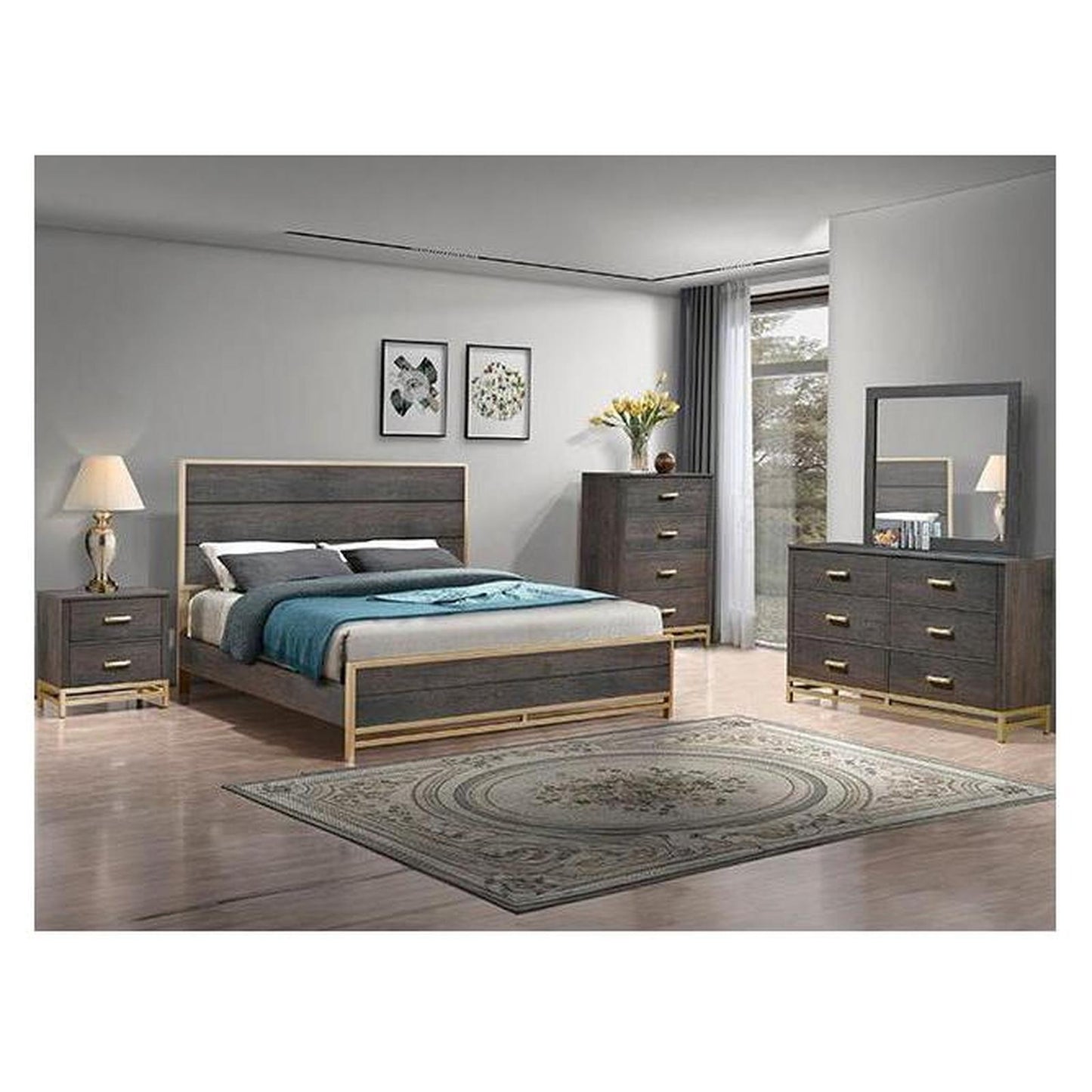 Trevor Bedroom Furniture Set; includes: Headboard, Footboard, Rails, Dresser & Mirror, Night Stand, Chest of Drawers