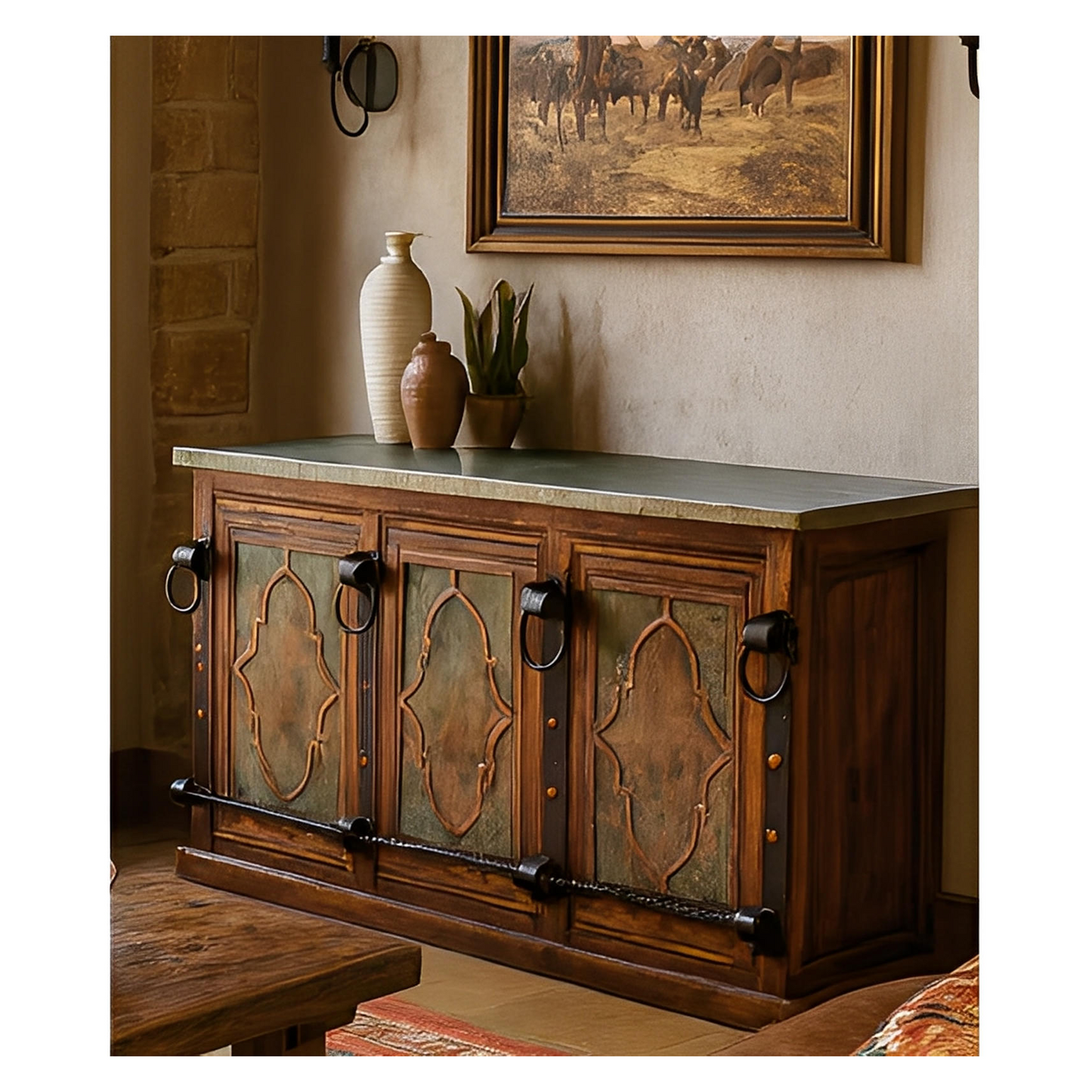 THE BLACKSMITHS BAR | VERDI-GRIS COPPER INSERTS, COPPER TOP, FORGED IRON, WINE RACK