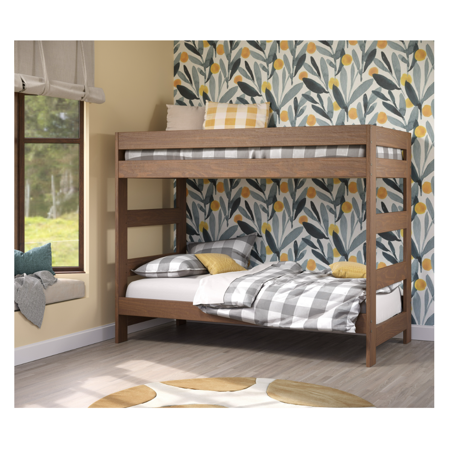 Affordable Double Twin Bunk Bed (One-Piece) with a built-in ladder; Mahogany Brown Finish, Constructed from Solid Pine Wood, Includes 2) Slat Kits