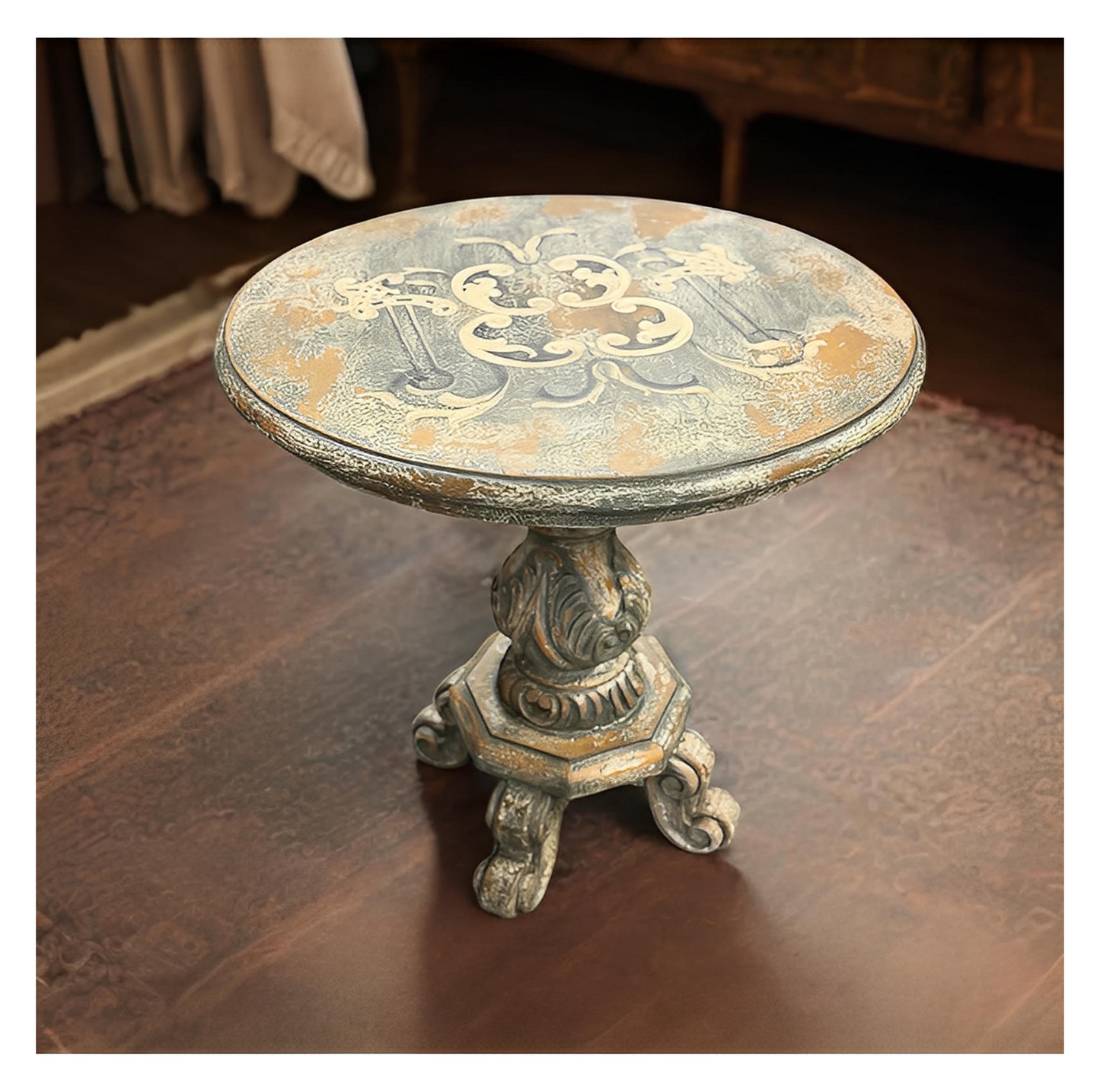 Pontarlier Round Counter Height Table, Black, Intricately Carved Scrollwork Top Surface