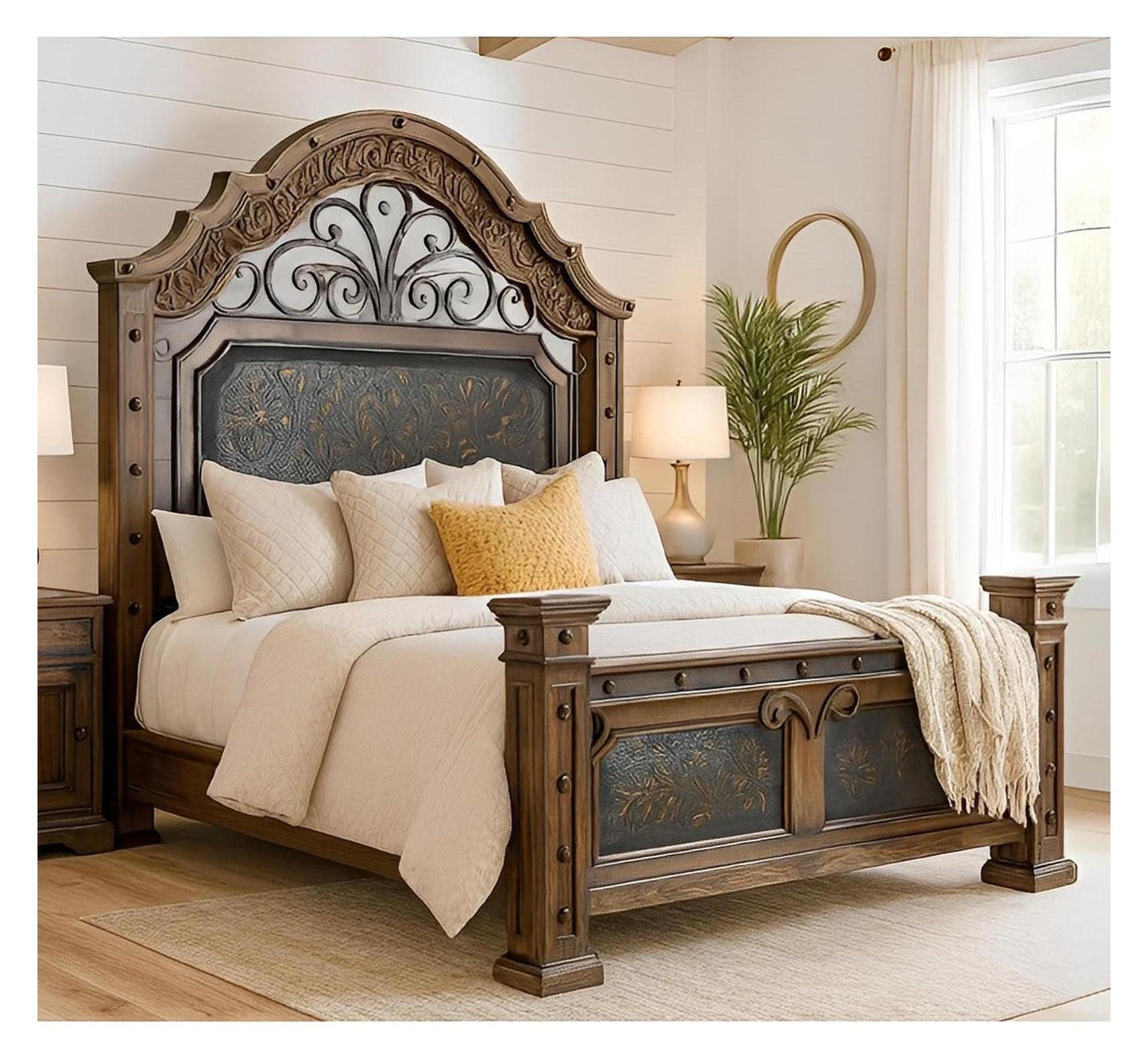 Canyon Charm Rustic Walnut Wood Bed Frame, Hand-carved, Iron, Leather - Includes Full Service Delivery