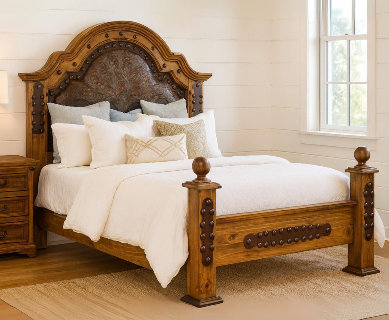 Canyon Spur Rustic Honey Oak Wood Bed With Leather & Studded Posts - Includes Full Service Delivery